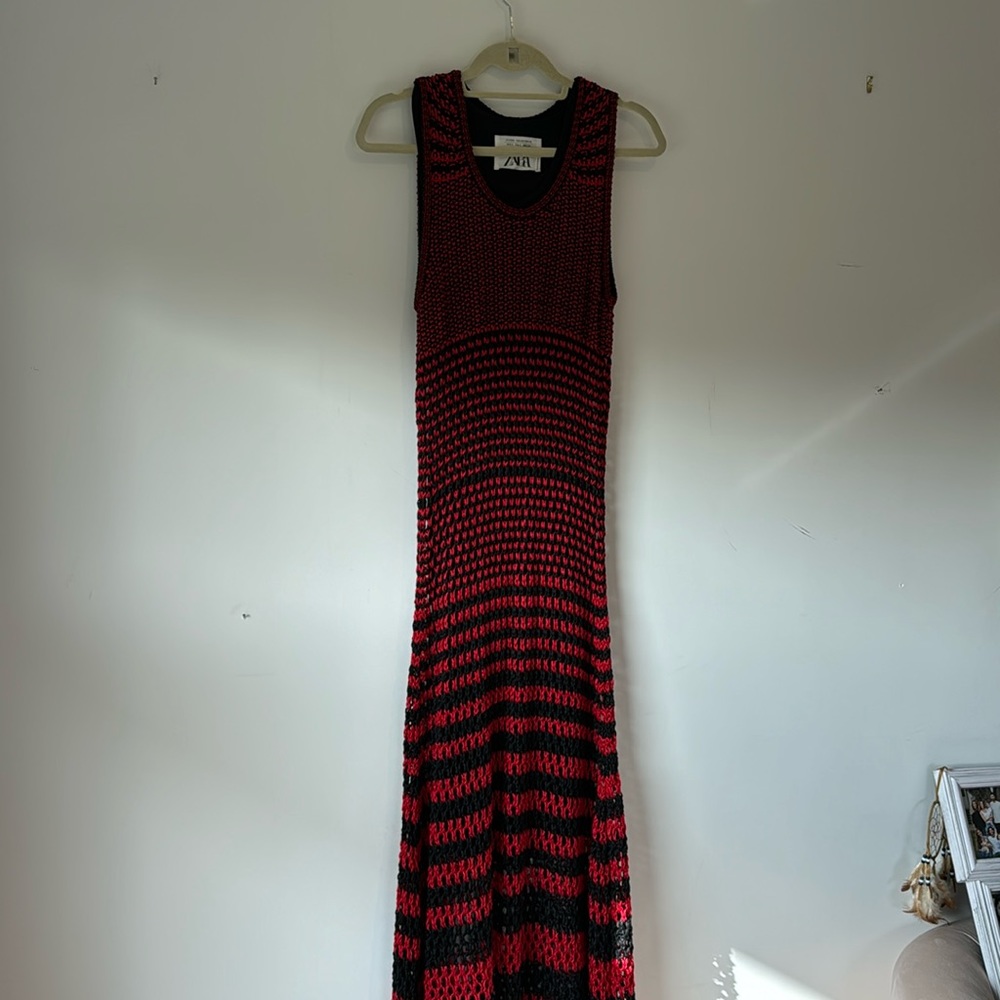 Zara red & black long crochet dress
